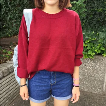 Coreeană Ulzzang Culoare Solidă Pulovere Femei Toamna Iarna Vintage Gât O Picătură De Umăr Liber De Tricotat Student Dulce Pulover Vrac