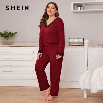 SHEIN Plus Dimensiune Dantela Bordo Tăiați partea de Sus și Pantaloni PJ Set Femei de Primavara Toamna cu Maneci Lungi V-neck Casual Pijamale Seturi de Pijama