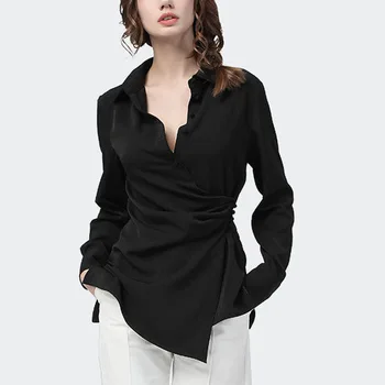Bluze Femei Plus Dimensiune Blusas 2021 Toamna Amestec de Bumbac Despicare Mâneci Lungi Neregulate Negru Grund tricouri Slab Topuri Doamnelor