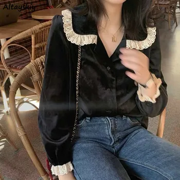 Bluze Tricouri Femei Vintage Mozaic cu Dantelă Guler Peter Pan Stydents Stil coreean Detaliate Femei Proiectat Toate-meci Chic