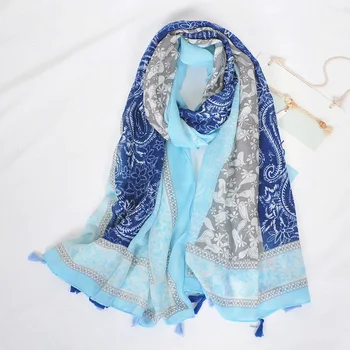 2020 Femei Toamna-African Albastru Mozaic Floral Vascoza Șal Eșarfă De Înaltă Calitate De Imprimare Folie De Pashmina Snood Bufandas Musulmane Hijab