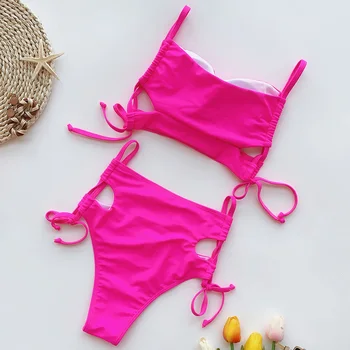 2020 Neon Rose de sex Feminin de costume de Baie Bikini de Talie Mare pentru Femei Costume de baie Două piese Bikini set Bandaj Scăldător Mare tăiat Costum de Înot