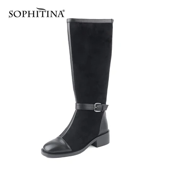 SOPHITIA Genunchi-Cizme Glezna, Catarama de Metal Decor Toc mic cu Fermoar Uzura Ușor de Pluș Iarna 2020 Pantofi Noi Pentru Femei PC817