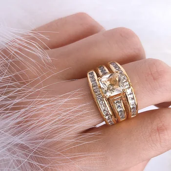 3 /BUC -Set Placat cu Aur de 14K Bijuterii Inel de en-Gros Europa Dna Căsătorie, Logodna Lux Diamant Diamant Vintage Star Film Inelul