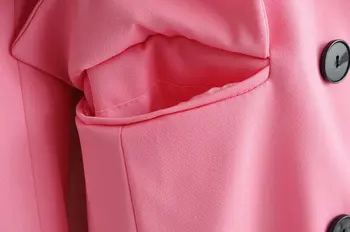 Pantaloni Roz Pentru Femei Costum 2019 Office Lady Costum Set Dublu Rânduri Lungi, Roz, Blazer Jacheta Talie Mare Pantaloni Drepte 2 Buc Set
