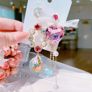 Moda Coreeană Asimetrice Inima De Cristal Lung Stras Picătură Cercei Pentru Femeile Elegante Dantela Bowknot Brincos Bijuterii