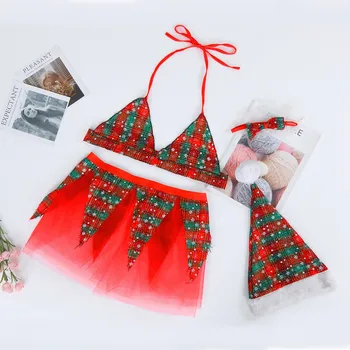 2020 Sexy de Crăciun Femei Carouri Seturi de Lenjerie Doamnelor Zăbrele fără Fir Sutien, fusta mini Papion Pălărie cu Pene Pijamale Pijamale 4buc