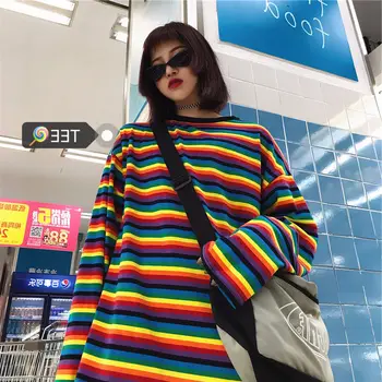 QWEEK Stil coreean Tricou Femei de Moda Rainbow Stripe Print Topuri Casual cu Maneci Lungi Vrac Estetice Haine de Toate-meci Tricou