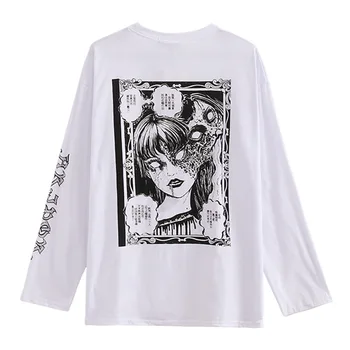 WFF de Primăvară și de toamnă de sus versiunea coreeană femei Harajuku întuneric imprimare vrac casual fund Maneca Lunga Alb T-Shirt graphic tee