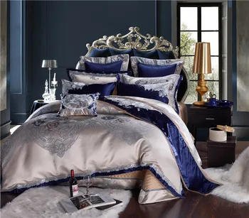 Albastru, Argint, Mătase Bumbac Satinat Jacquard Chinezesc de Lux, Set de lenjerie de Pat Queen King size Set de lenjerie de Pat lenjerie de Pat/Set Răspândirea Carpetă Acopere