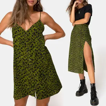 Hirigin Femei Leopard Verde Fuste de Vară de Moda pentru Femei V-neck Loose Deschis Leopard Îmbinare Butonul de Imprimare Fuste