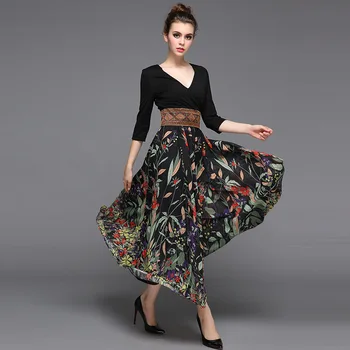VKBN Primăvara și Vara Plus Dimensiunea Rochie de Femei Elegante Mozaic de Imprimare Trei Sferturi Imperiu V-Gât Rochie de Petrecere de Moda