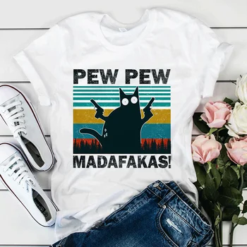 Pew Pew Madafakas Print T-shirt Femei Kawaii Drăguț Lenes Cu Arma Meme Retro Amuzant Tricou Mâneci Scurte Umor Cadou Topuri Tricou