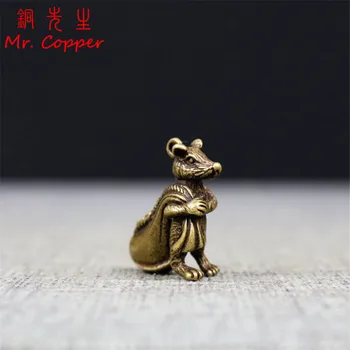 Antique Bronz Masiv Norocos Rat Statuie Breloc Pandantive Cupru Zodiac Mouse-Sac De Bani Figurine Ornamente Birou Feng Shui Decor