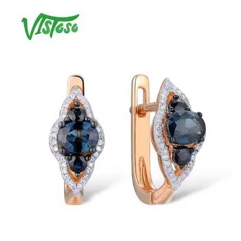 VISTOSO Cercei din Aur Pentru Femei 14K 585 Aur Rose Spumante Albastru Safir Diamant de Lux Trupa de Nunta Aniversare Bijuterii Fine