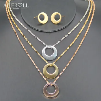 ACEROLL Trei Straturi Set de Bijuterii - din Oțel Inoxidabil Triplu de Culoare Rose Gold Gol Rotund Cercei si Pandantiv Colier cu Lanț 3