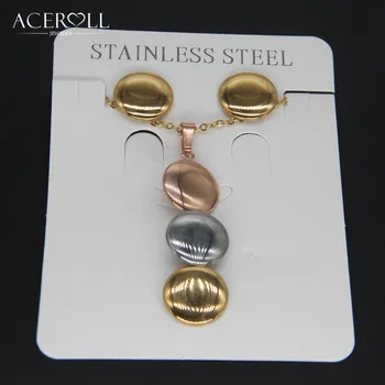 ACEROLL Trei Culori Set de Bijuterii - din Oțel Inoxidabil Moda Trendy Crescut de Aur Triple 3 Buton Rotund Cercei si Pandantiv Colier