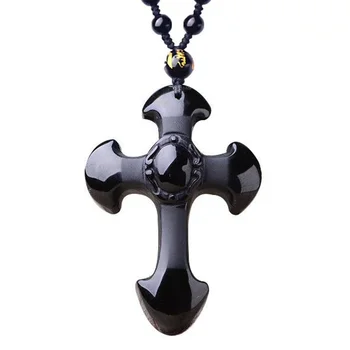 Femei Colier Pandantiv Negru Obsidian Isus Hristos Crucea Pandantiv Gratuit Lanț Cadou de sex Masculin Bine de Bijuterii Jad
