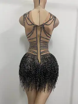 Moda Stramti Cristal Ciucure Nud Dansatoarea Body Femei fără Mâneci Elastic Stras Tricou Club de noapte DS Dans Costume