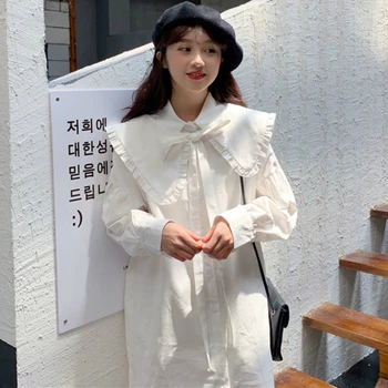 Rochie Femei Solide Drăguț Peter Pan Guler Arc Bandaj Proaspăt Dulce Stil Preppy Versiunea Coreeană Ulzzang Liber Casual De Zi Cu Zi Noi