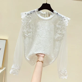Toamna Noua Moda Femei Bluza Dantela Coreea Moda Împletit Plasă De Topuri Elegante Subțire Șifon Cămașă Albă Chemisier Femme 11601