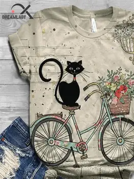 2020 Femei Cat Imprimate Casual de Bumbac T-shirt Drăguț Maneci Scurte Topuri de Vara Tee O-gât Desene animate cu Bicicleta de Imprimare Femei T Shirt
