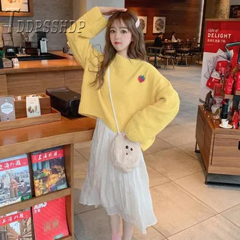 2019 Broderie Capsuni Coreean Femei Pulover Pulover Vrac Toamna Școală Dulce De Sex Feminin Pulovere