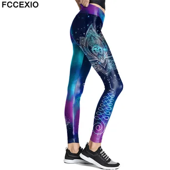 FCCEXIO Moda Femei Albastru de Imprimare Mandala Jambiere de Fitness Elastic Pantaloni de Antrenament Stretch Slim Fundul Aztec Rotund Ombre Legin