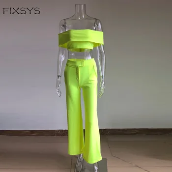 FIXSYS Neon Slash Gât Set de Două Piese de Pe Umăr Elegante Femei Culturilor Sus și Largi Picior Pantaloni Stramti, Pantaloni Lungi Femei Costume