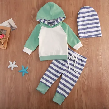 3 piese maneca Lunga Stripe Hoodie și Pantaloni de Trening cu articole pentru acoperirea capului Set Pentru Baby Boy Clothes