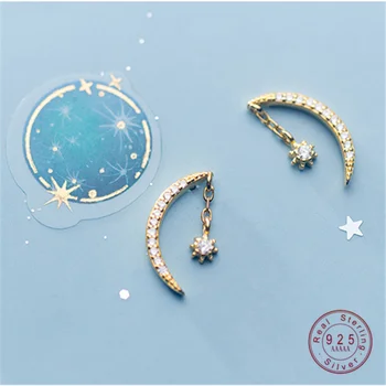 Moda coreeană 925 Sterling Silver Star Luna Cercei Stud pentru Femei de Argint Incrustate cu Aur de Cristal Zirconia Crescent Bijuterii