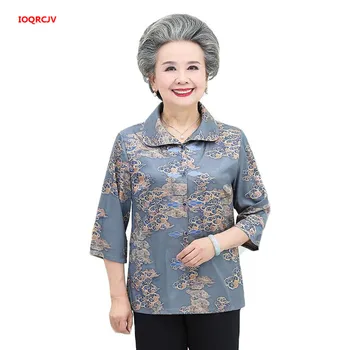 Dimensiune Mare A Femeilor În Vârstă Cardigan Tricouri Primavara-Vara Trei Sferturi Mâneci Șifon De Mătase De Imprimare Topuri Blusa Bunica Bluza 72