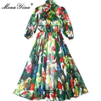 MoaaYina Designer de Moda Pistei rochie de Primavara-Vara pentru Femei Rochie guler de Arc Cactus Floral-Print Elegante Rochii de Șifon