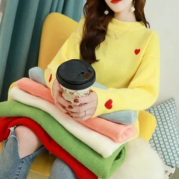Stil Coreean Pierde Dragostea Broderie O-Gât Pulover Femei Bomboane De Culoare Pulovere Tricotate Toamna Noua Casual Tricotaje Topuri De Sex Feminin