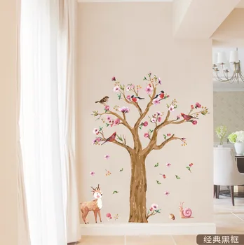 145*170cm Animale Desene animate Copacul Autocolant de Perete pentru Camera Copii Pictate în Acuarelă Păsări Cerb imagini de Fundal de Flori de Perete Decal