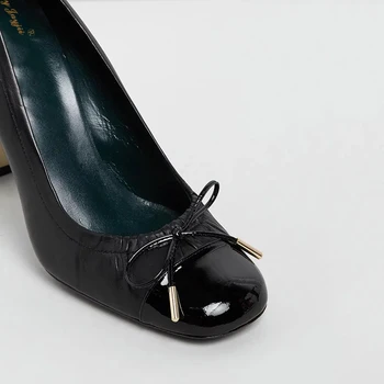Intenția inițială Femeie Pompa de Fluture nod Pătrat Tocuri Slip-On a Subliniat Deget de la picior Negru Pantofi de Piele de Brevet Femeile NE Dimensiune 4-16