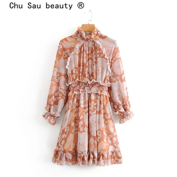 Chu Sau frumusețea 2019 Noua Moda Curtea Stil de Imprimare Florale Rochie Midi Boho Volane Rochii Mini de sex Feminin Vestido De Moda