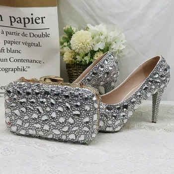 BaoYaFang cristal de argint pantofi de nunta Femeie Rotund Deget de la picior Toc Subțire Rochie de Petrecere pantofi si Genti de dimensiuni Mari 34-45
