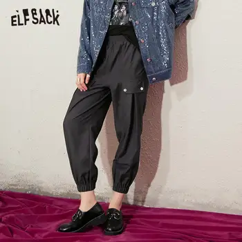 ELFSACK Negru Solid Direct Casual Buzunar Femei Pantaloni,2020 Toamna ELF Pura Talie Mare sex Feminin coreeană,Bază de zi cu Zi Safari Pantaloni