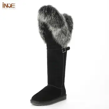 INOE real blană de vulpe peste genunchi piele de oaie piele de căprioară piele căptușite cu blană de moda pentru femei timp de iarnă cizme negru curea de înaltă cizme de zăpadă