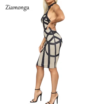 Ziamonga 2019 Sexy de Design de Moda Rochie Bandaj Pe Umăr Gât Înalt Femei Rochie Genunchi Lungime Midi PU Rochie Bodycon Vestidos