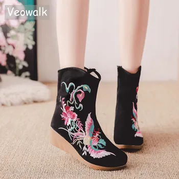 Veowalk Chineză Broderie Femei Panza Pană Ghete Retro Doamnelor Confort Iarna Toamna Non-alunecare Pantofi Platforme Negre