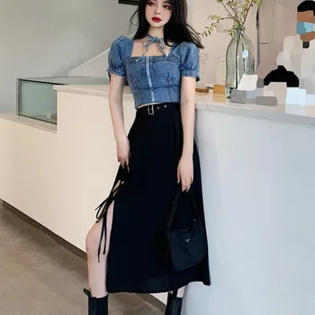 Coreeană Streetwear Vara 2 Seturi De Piese Pentru Femei Tinute Blugi Denim Crop Top & Bandaj Fusta Lunga Set Costume Femei Din Două Piese Set