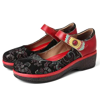 SOCOFY Stil Retro Femei Folkways Model de Lux din Piele Pantofi Plat cu Margele Florale Cârlig Buclă Plat Pantofi Casual, Sandale 2020