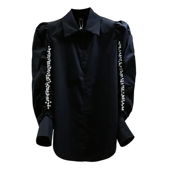Margele Strasuri Culoare Solidă Tricou Femei 2021 Primăvară Stil Coreean Liber Maneca Lunga Toate-Potrivire Bluza Alb / Negru De Sus