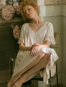 2019 Vara din Bumbac Alb Dulce pentru Femei Cămăși de noapte Moale Liber Sleepwear Vintage Elegant Printesa din Dantela Rochie de Noapte 19523