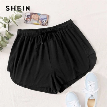 SHEIN Plus Dimensiune Negru Solid Cordon Talie Track Shorts pentru Femei de Vară 2020 Sportive de Bază Talie Elastic Plus pantaloni Scurți