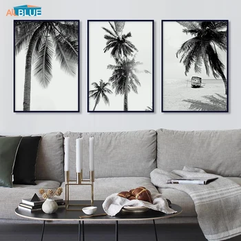 Palmier Tropical Frunze Poster Canvas Printuri De Arta De Perete Alb Negru Plajă, Peisaj Imagini De Perete Pentru Camera De Zi Decor Acasă