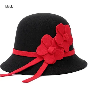 2018 Nouă Femei Din Coreea De Lână, Pălării De Fetru Toamna Iarna Flori Pălării Rotunde De Sus Pălării Cloche Solid Negru Roșu De Sex Feminin Biserica Pălării
