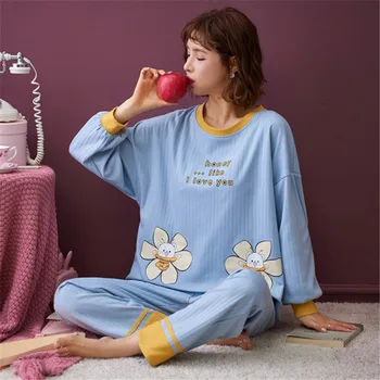 Femei de moda de Desene animate de Imprimare Gât Rotund Maneca Lunga Pantaloni de Pijama Set 2/pce Set